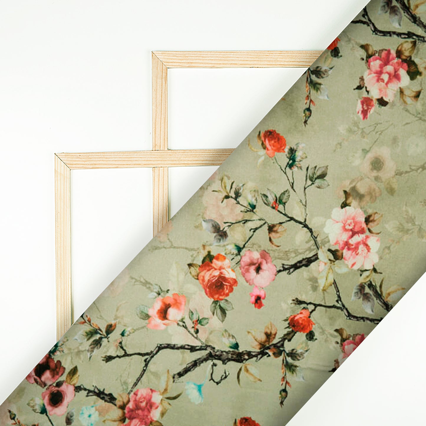 Moss Green Floral Digital Print Japan Satin Fabric