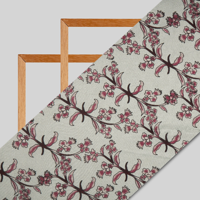 Pink And Off White Floral Digital Print Japan Satin Fabric - Fabcurate