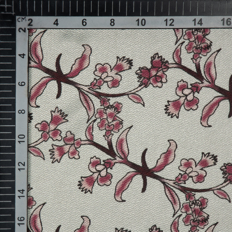 Pink And Off White Floral Digital Print Japan Satin Fabric - Fabcurate