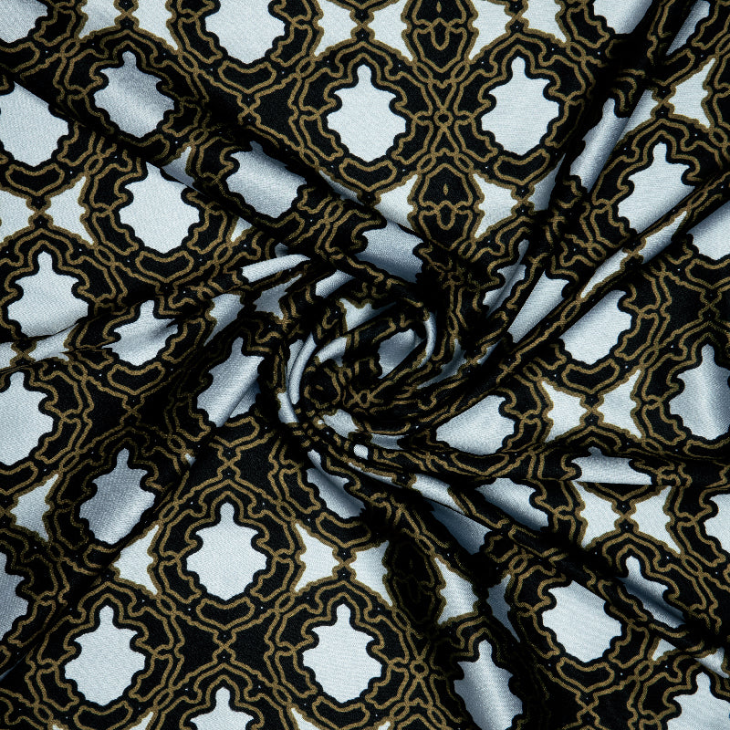 White And Brown Ethnic Digital Print Japan Satin Fabric - Fabcurate