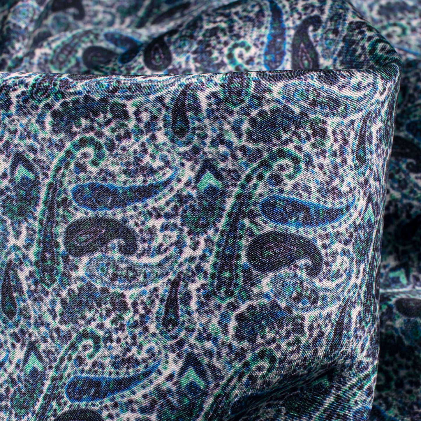Blue Paisley Digital Print Japan Satin Fabric