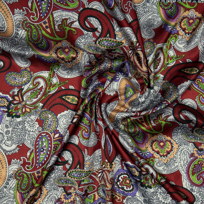 Maroon Paisely Digital Print Japan Satin Fabric - Fabcurate