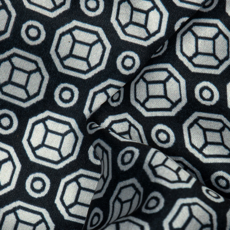 Black Geometrical Digital Print Japan Satin Fabric - Fabcurate