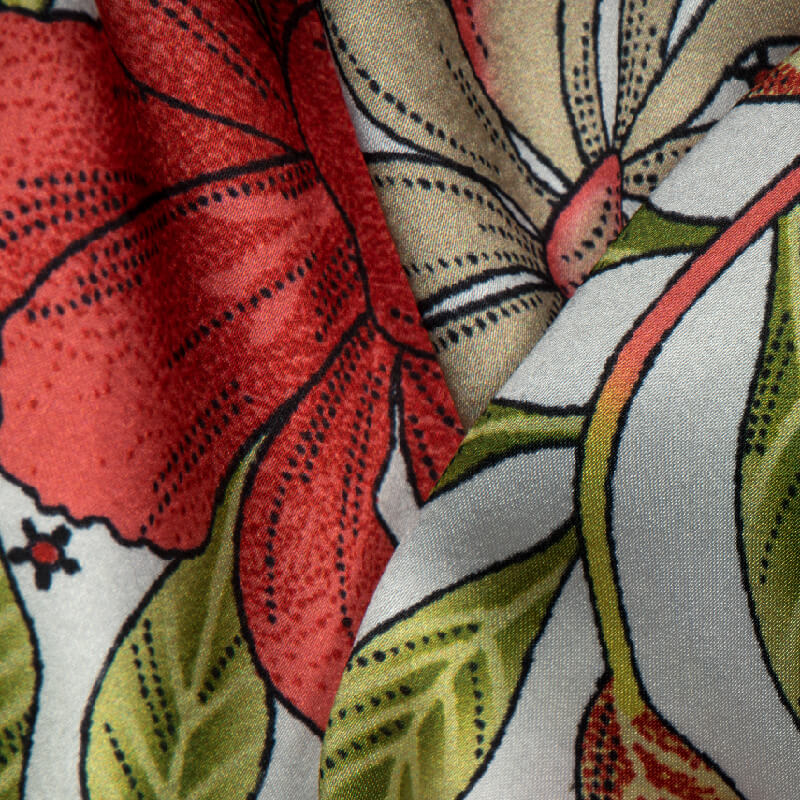 Olive And Red Floral Digital Print Japan Satin Fabric - Fabcurate