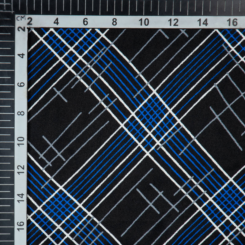Black And Royal Blue Checks Digital Print Japan Satin Fabric - Fabcurate