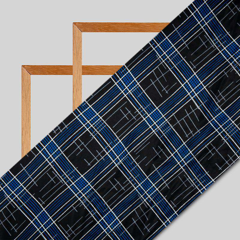Black And Royal Blue Checks Digital Print Japan Satin Fabric - Fabcurate