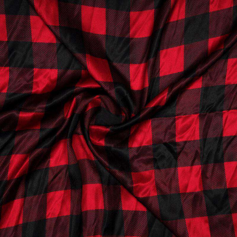 Red And Black Checks Digital Print Japan Satin Fabric - Fabcurate