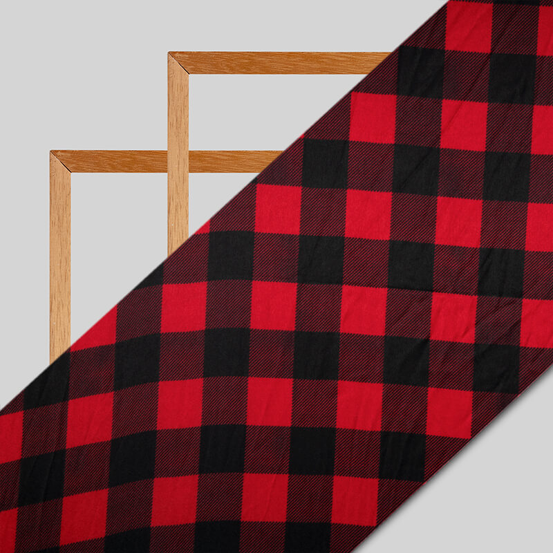 Red And Black Checks Digital Print Japan Satin Fabric - Fabcurate