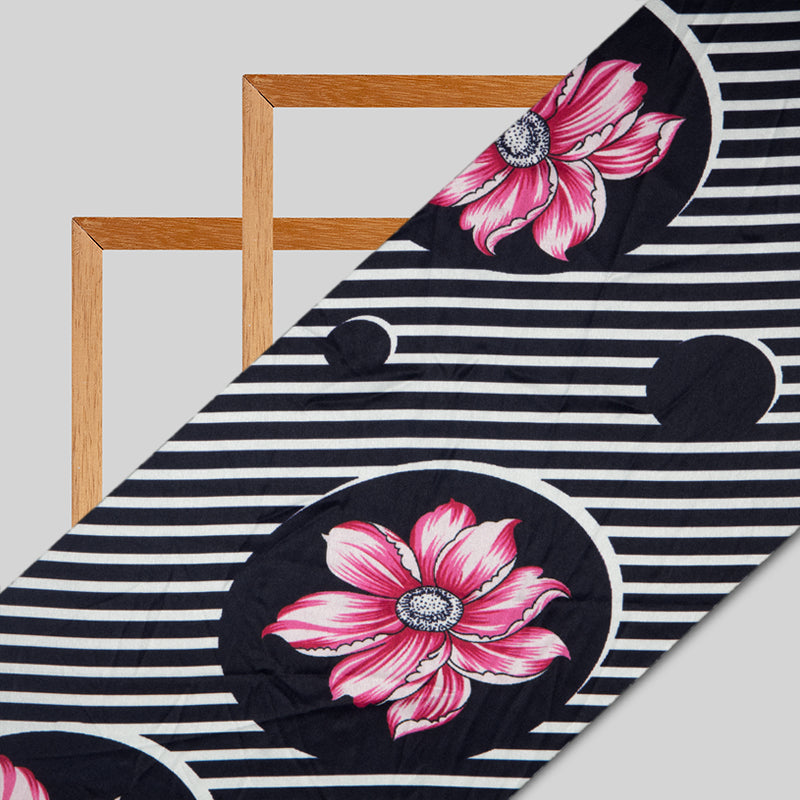 Black And Pink Stripes Digital Print Japan Satin Fabric - Fabcurate
