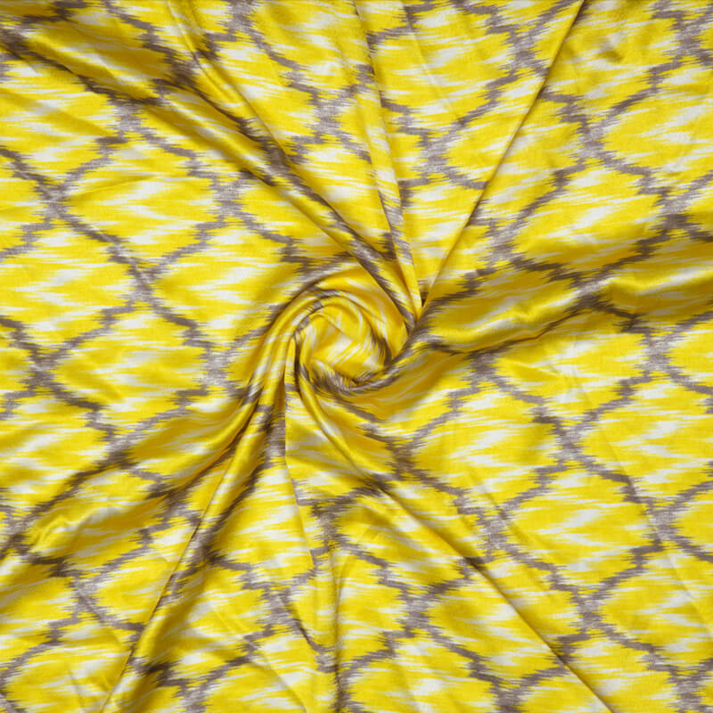Yellow Ikat Pattern Digital Print Japan Satin Fabric - Fabcurate