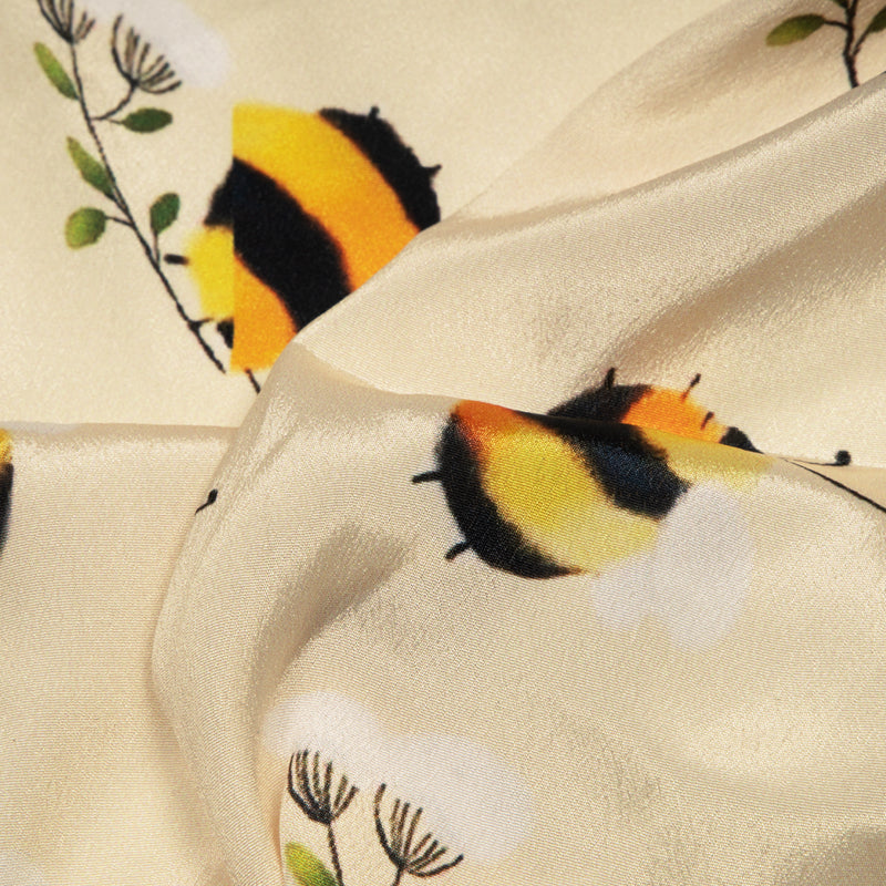 Light Beige Honey Bee Digital Print Crepe Silk Fabric - Fabcurate