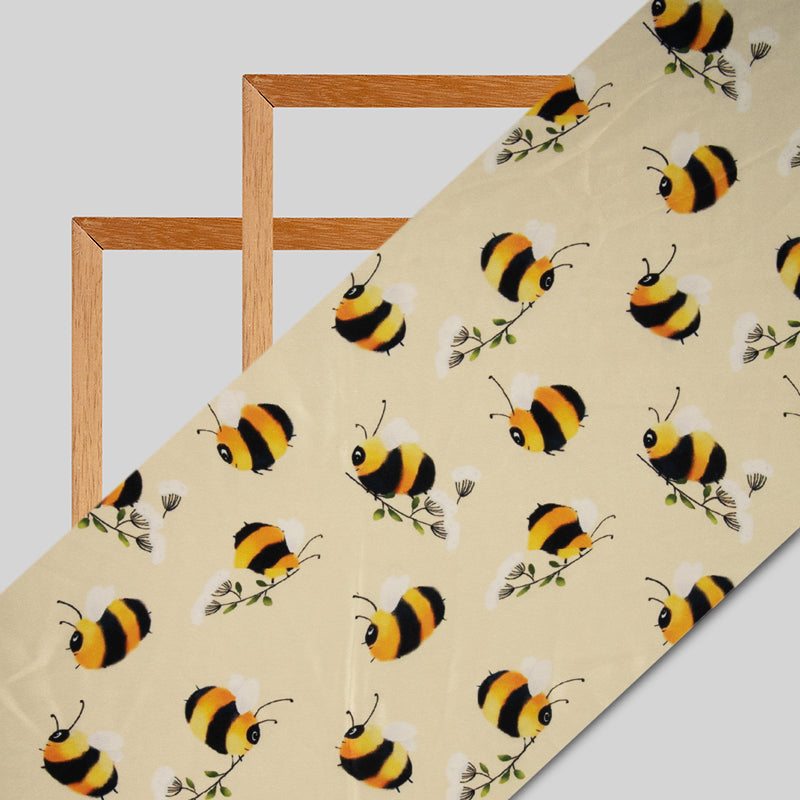 Light Beige Honey Bee Digital Print Crepe Silk Fabric - Fabcurate