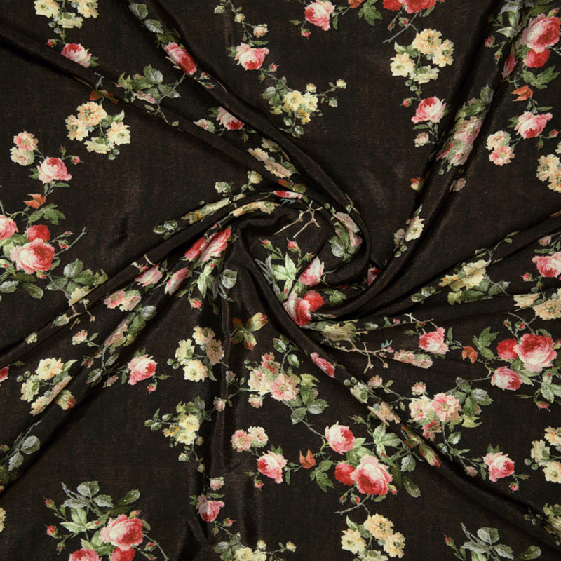 Dark Brown Floral Patten Digital Print Crepe Silk Fabric