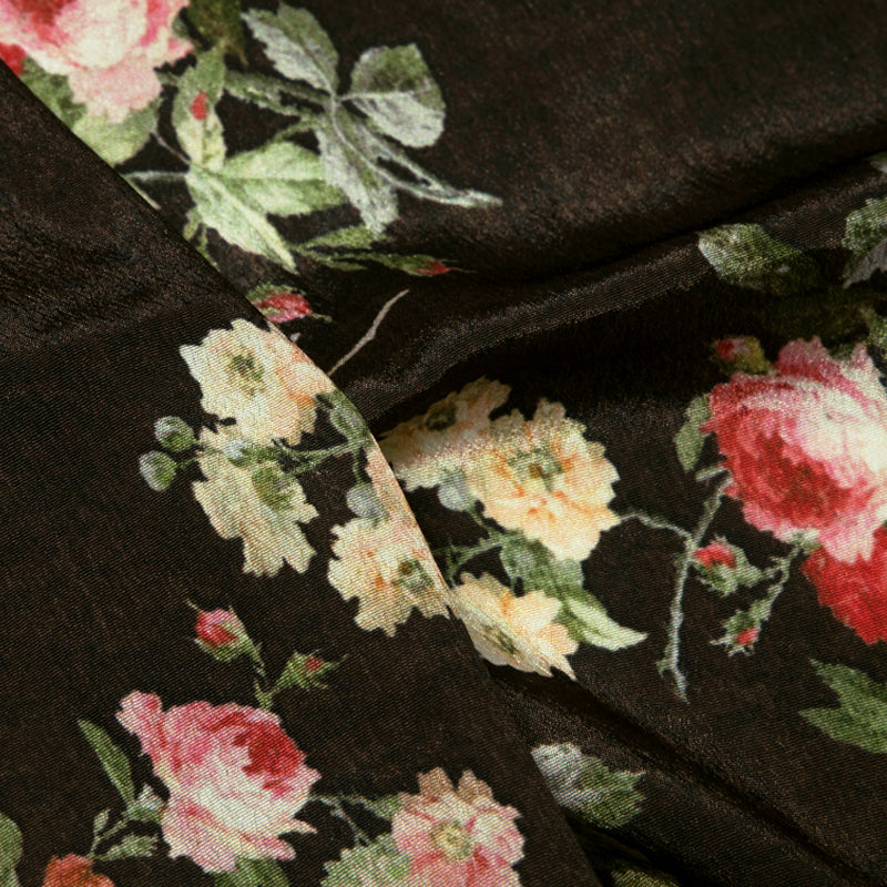 Dark Brown Floral Patten Digital Print Crepe Silk Fabric