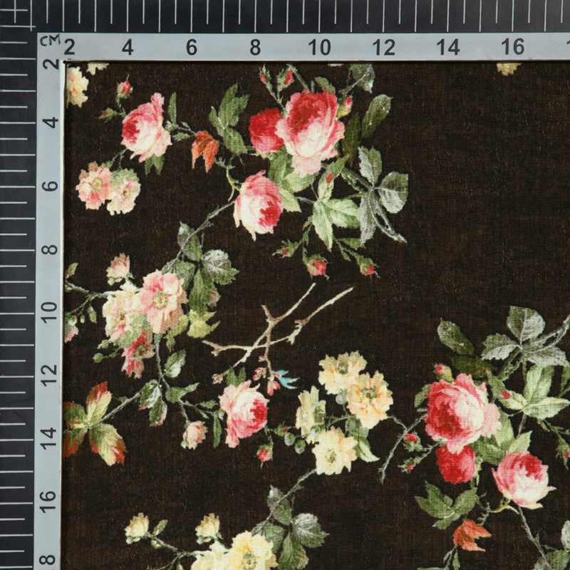 Dark Brown Floral Patten Digital Print Crepe Silk Fabric