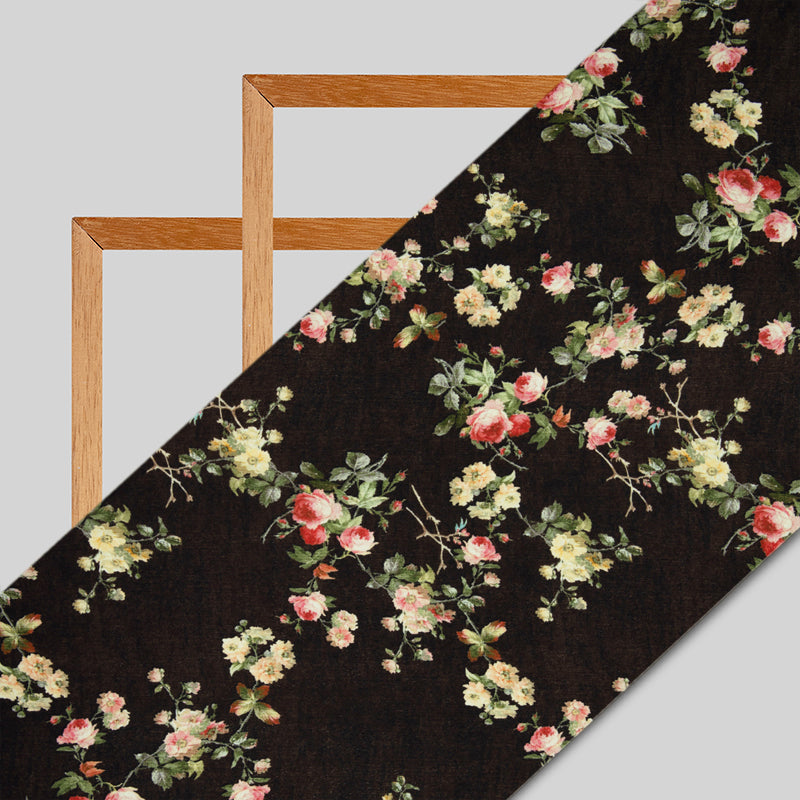 Dark Brown Floral Patten Digital Print Crepe Silk Fabric