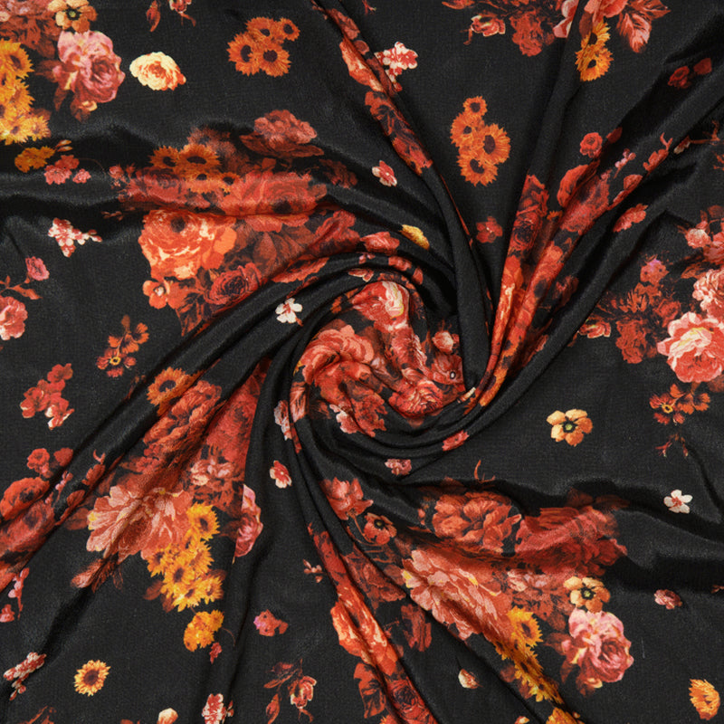 Black Floral Patten Digital Print Crepe Silk Fabric