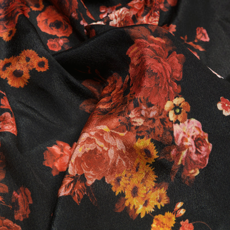 Black Floral Patten Digital Print Crepe Silk Fabric