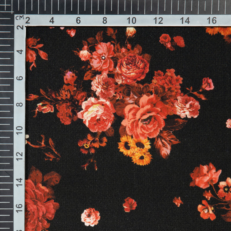 Black Floral Patten Digital Print Crepe Silk Fabric