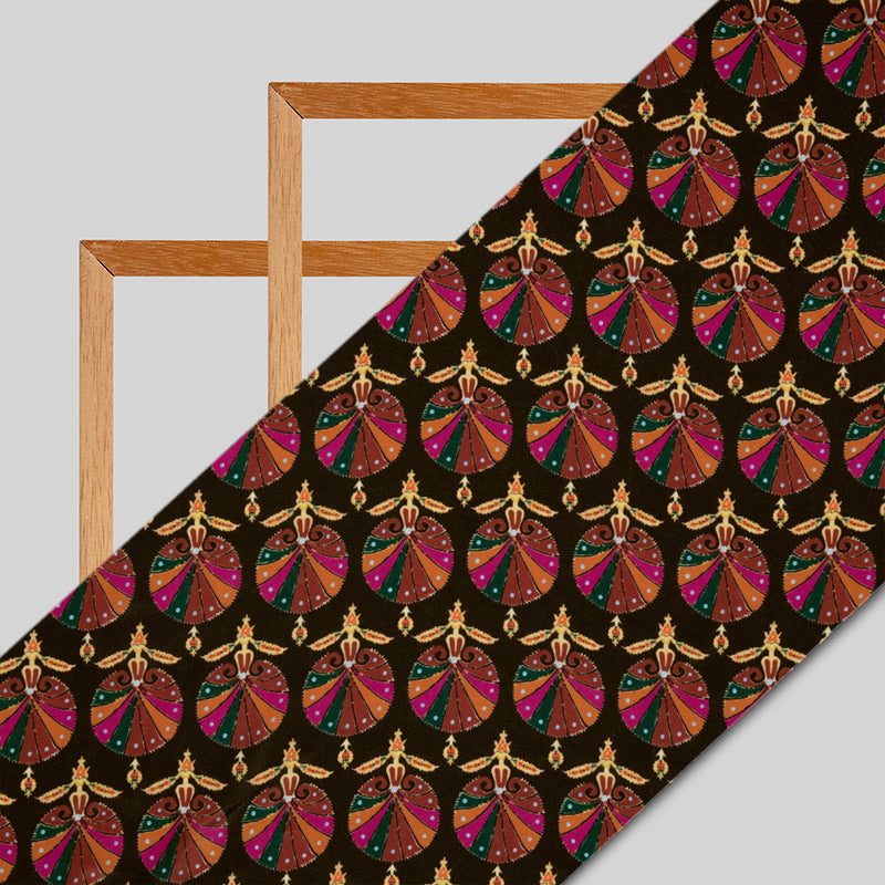 Brown Ethnic Digital Print Crepe Silk Fabric - Fabcurate