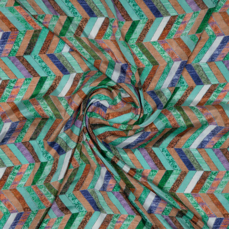 Teal Chevron Digital Print Crepe Silk Fabric - Fabcurate