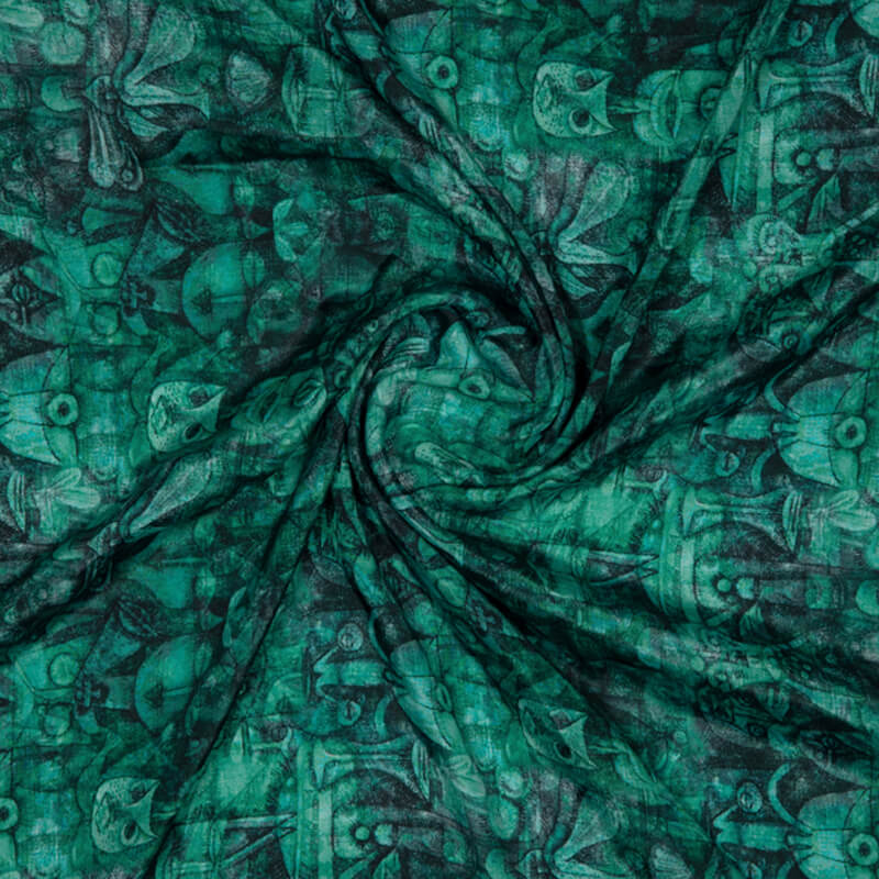 Teal Figure Digital Print Crepe Silk Fabric - Fabcurate