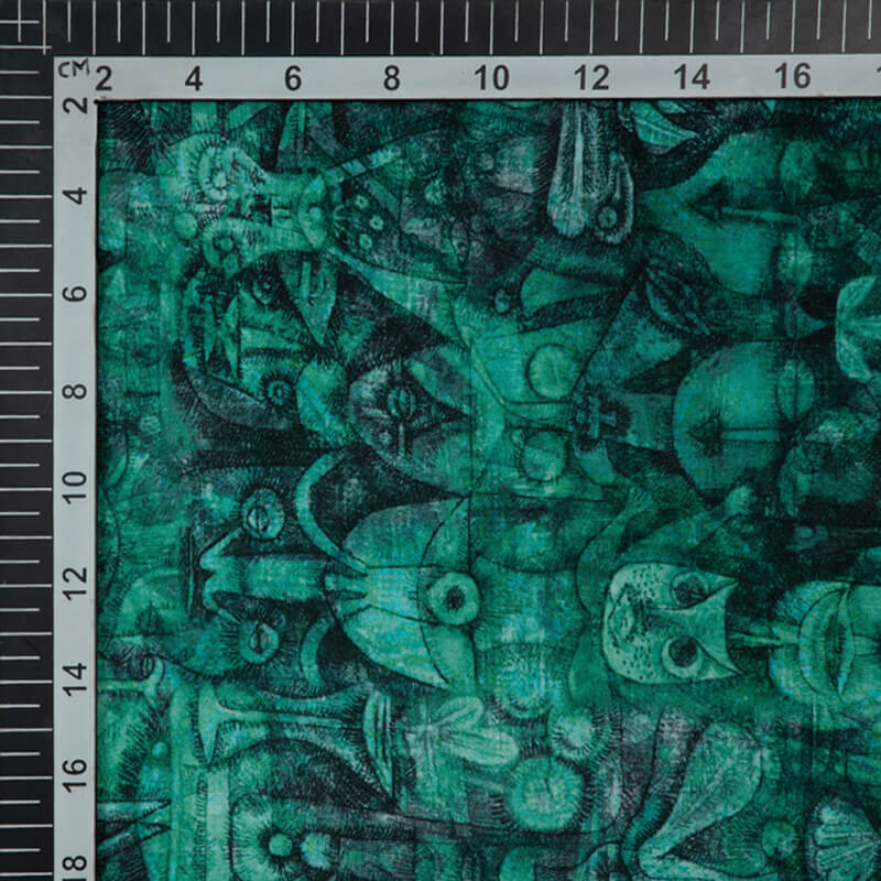 Teal Figure Digital Print Crepe Silk Fabric - Fabcurate