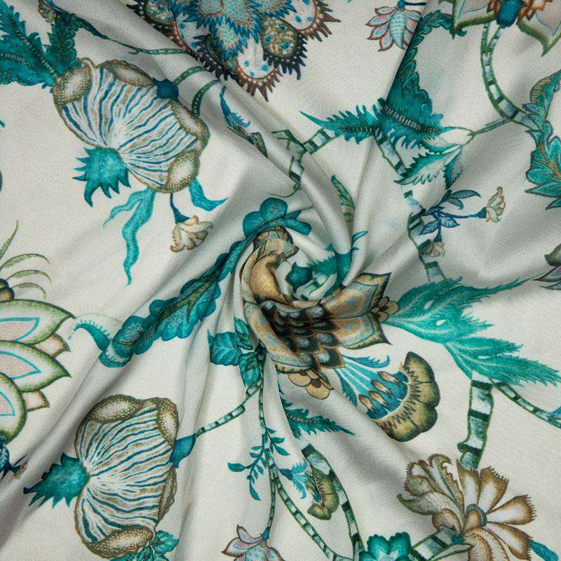 White Floral Digital Print Gerogette Satin Fabric - Fabcurate