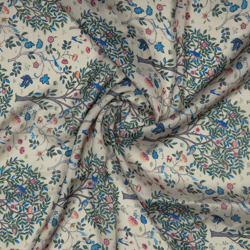 Cream Leaf Digital Print Gerogette Satin Fabric - Fabcurate