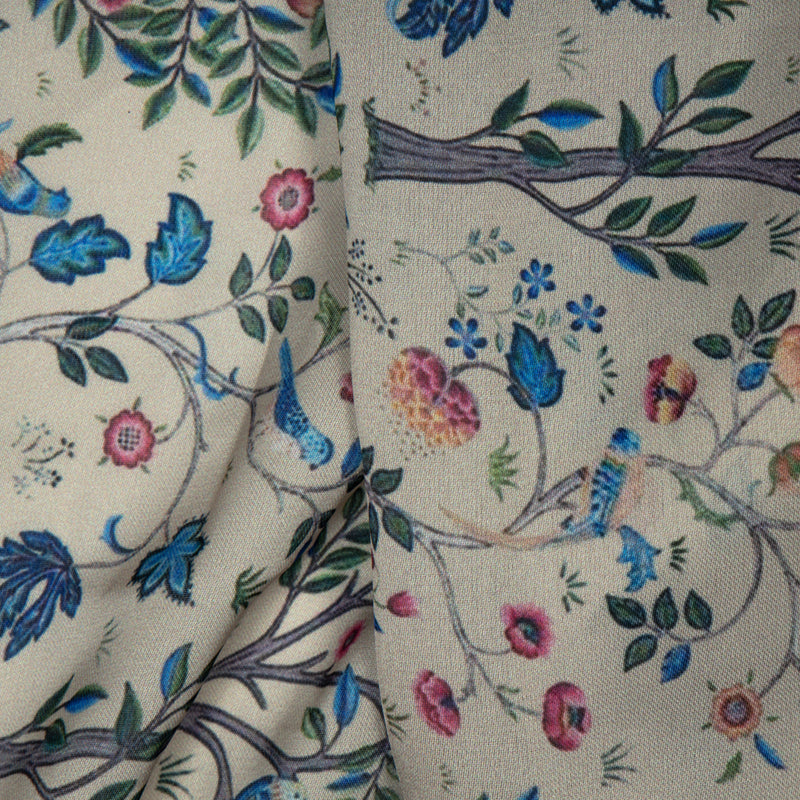 Cream Leaf Digital Print Gerogette Satin Fabric - Fabcurate