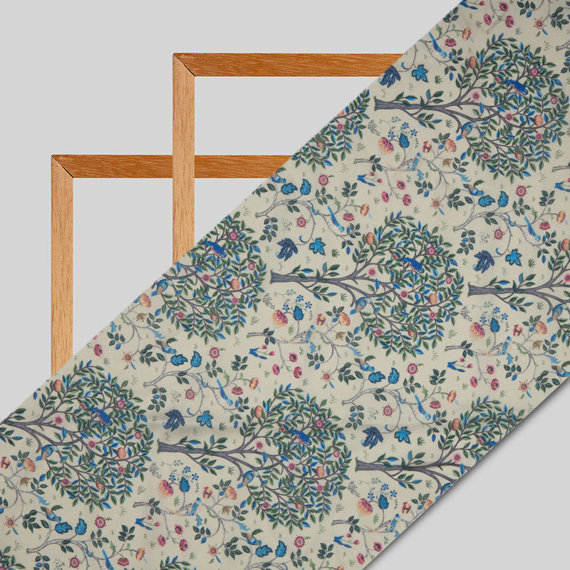 Cream Leaf Digital Print Gerogette Satin Fabric - Fabcurate