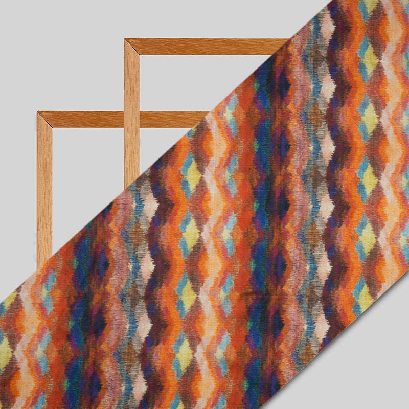 Orange And Blue Chevron Digital Print Georgette Satin Fabric - Fabcurate