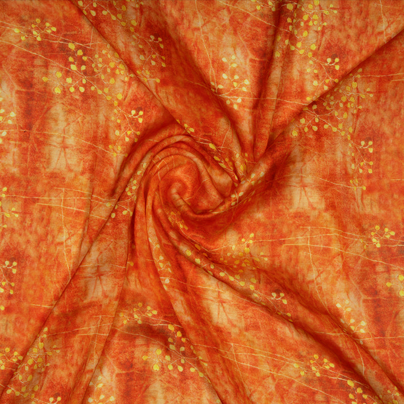 Fire Orange Floral Digital Print Georgette Satin Fabric - Fabcurate