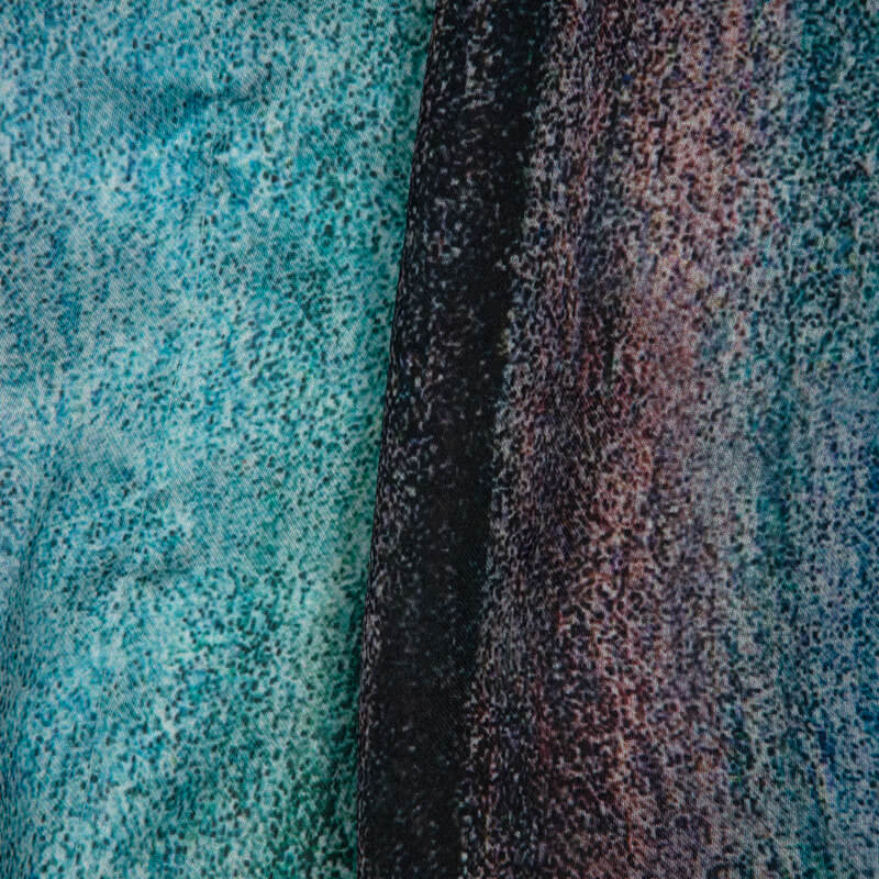 Turquoise And Black Abstract Digital Print Georgette Satin Fabric - Fabcurate
