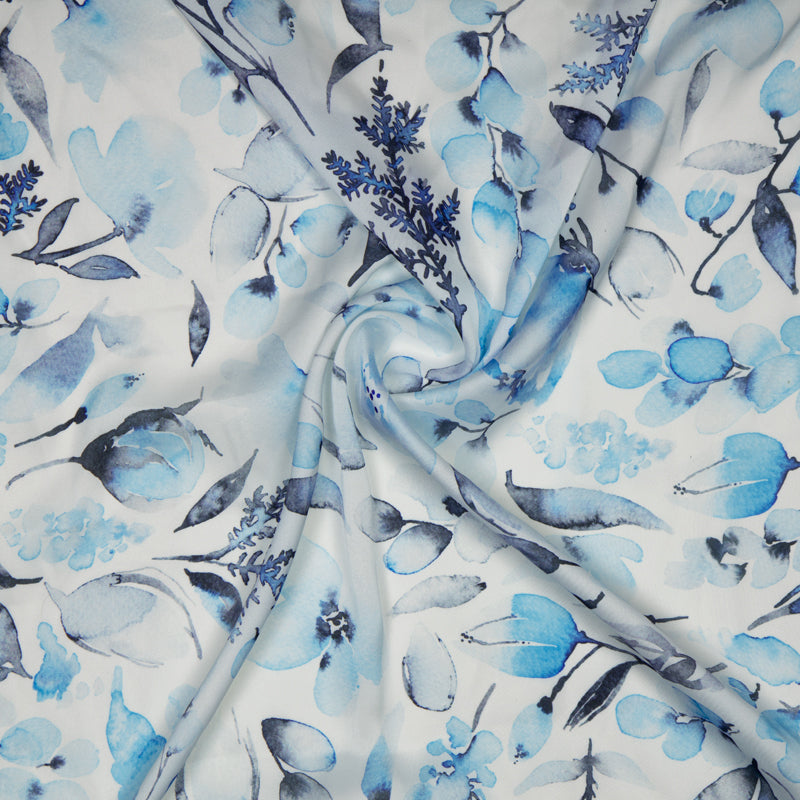 Pastel Blue Floral Digital Print Georgette Satin Fabric - Fabcurate
