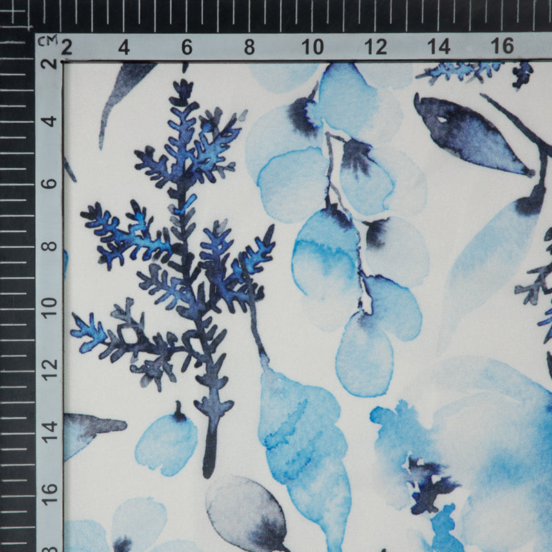 Pastel Blue Floral Digital Print Georgette Satin Fabric - Fabcurate