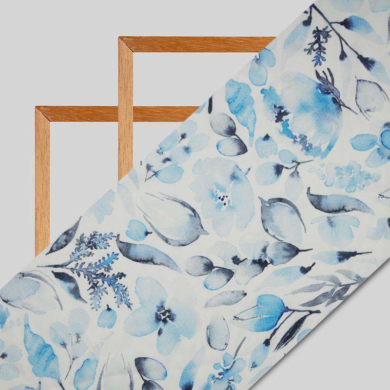 Pastel Blue Floral Digital Print Georgette Satin Fabric - Fabcurate