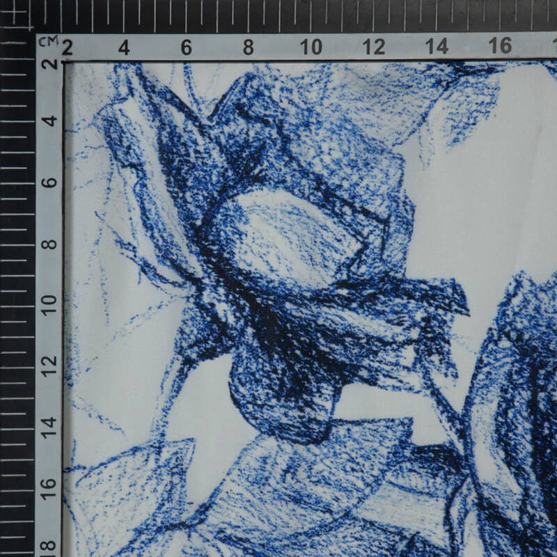 Royal Blue Floral Digital Print Georgette Satin Fabric - Fabcurate