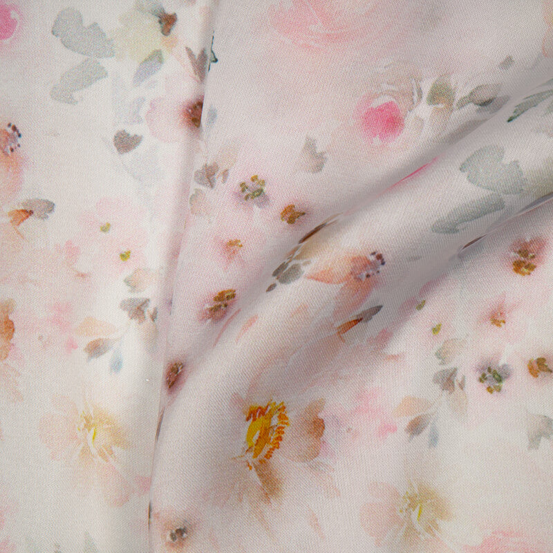 Pastel Pink Floral Digital Print Georgette Satin Fabric - Fabcurate