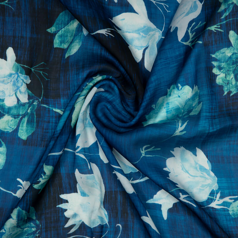 Yale Blue Floral Digital Print Georgette Satin Fabric - Fabcurate