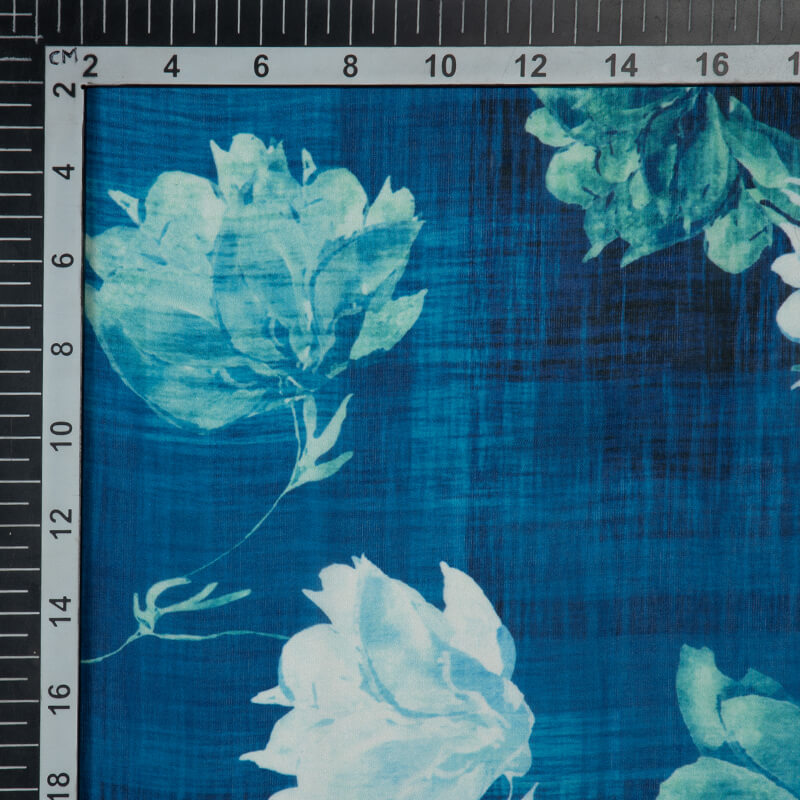 Yale Blue Floral Digital Print Georgette Satin Fabric - Fabcurate