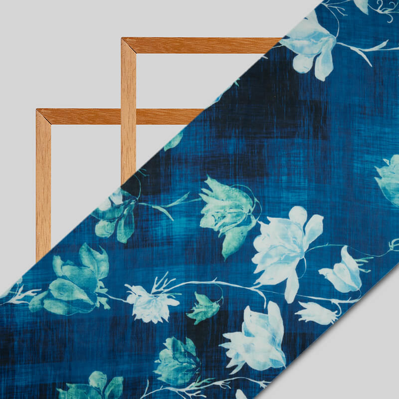 Yale Blue Floral Digital Print Georgette Satin Fabric - Fabcurate