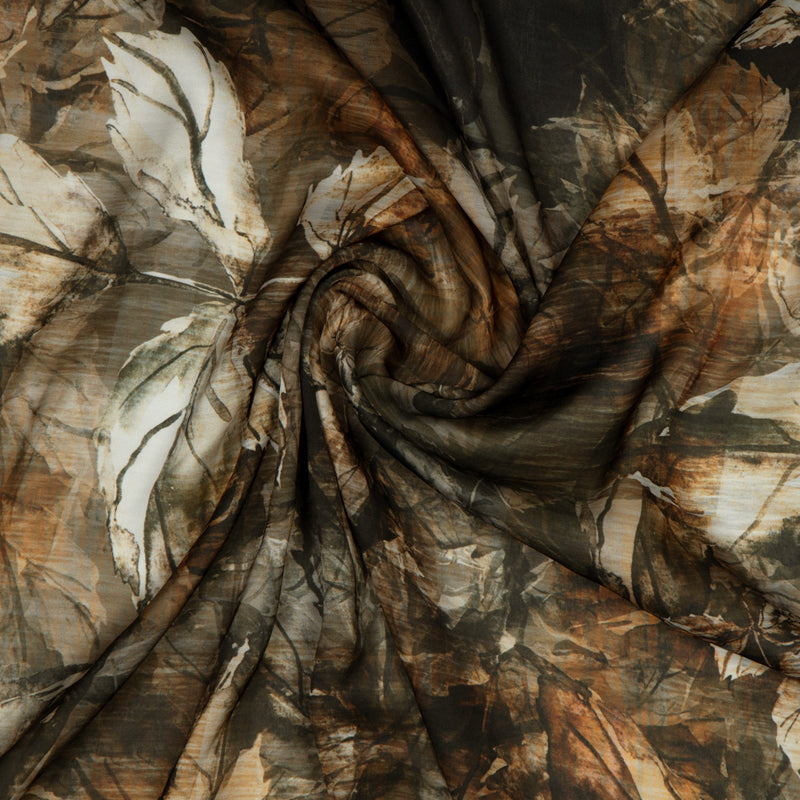 Brown Leaf Digital Print Georgette Satin Fabric