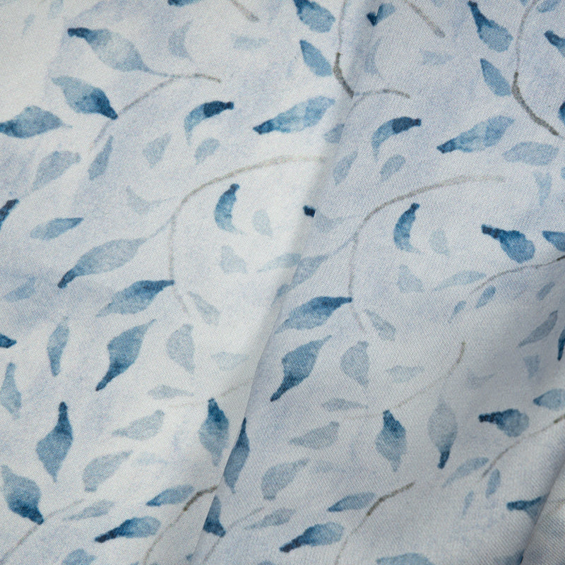 Pastel Blue Leaf Digital Print Georgette Satin Fabric - Fabcurate