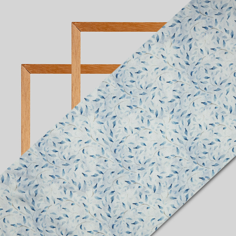 Pastel Blue Leaf Digital Print Georgette Satin Fabric - Fabcurate