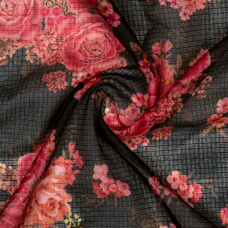 Black Floral Pattern Digital Print Kota Doria Fabric - Fabcurate