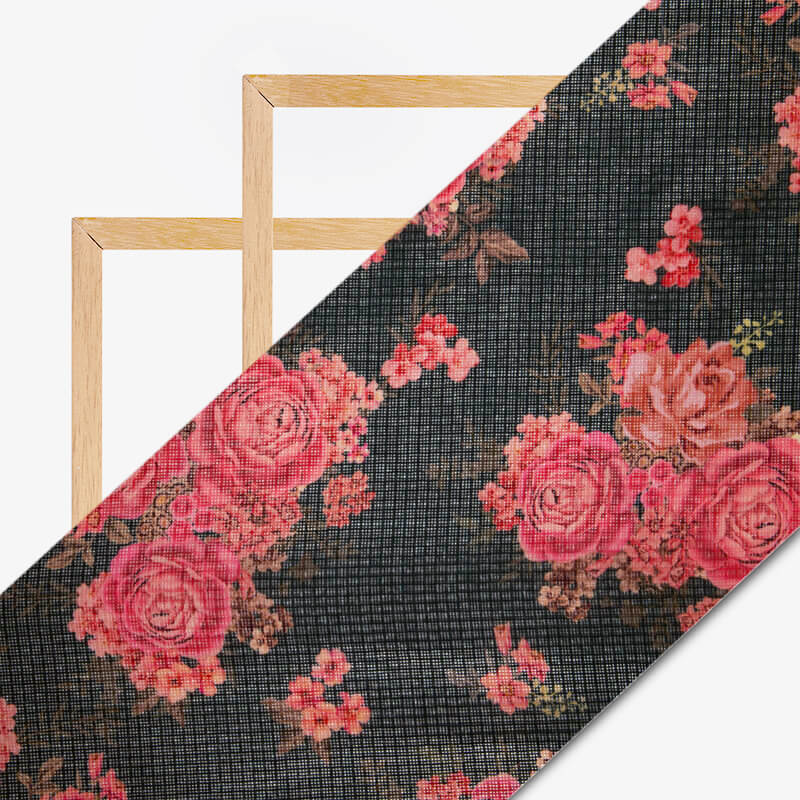 Black Floral Pattern Digital Print Kota Doria Fabric - Fabcurate