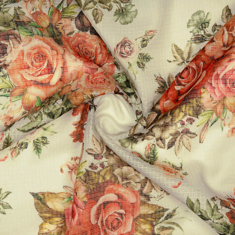 Peach Floral Pattern Digital Print Kota Doria Fabric - Fabcurate