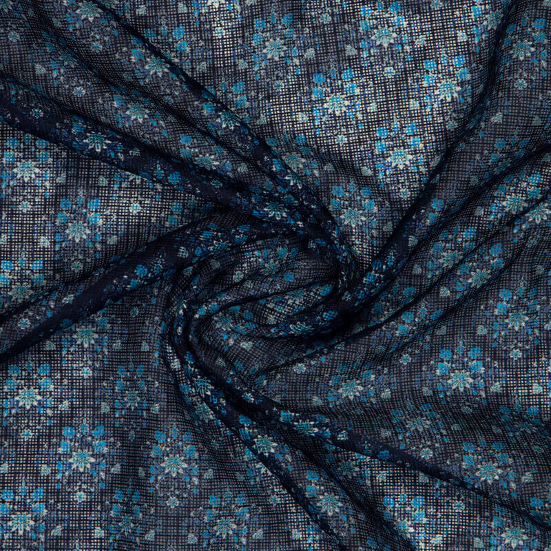 Blue Floral Pattern Digital Print Kota Doria Fabric - Fabcurate