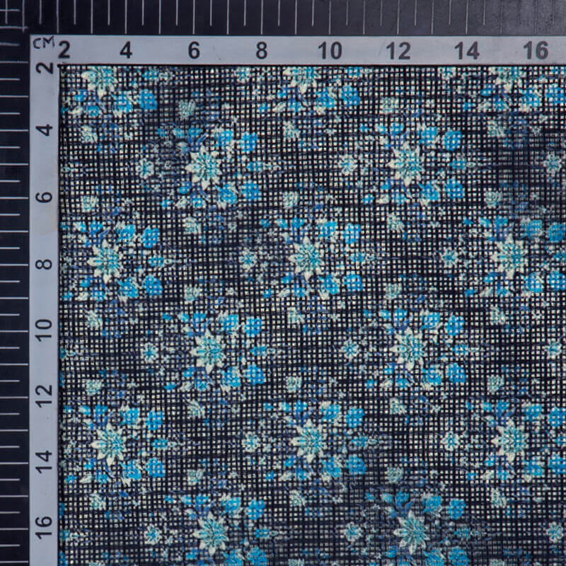 Blue Floral Pattern Digital Print Kota Doria Fabric - Fabcurate